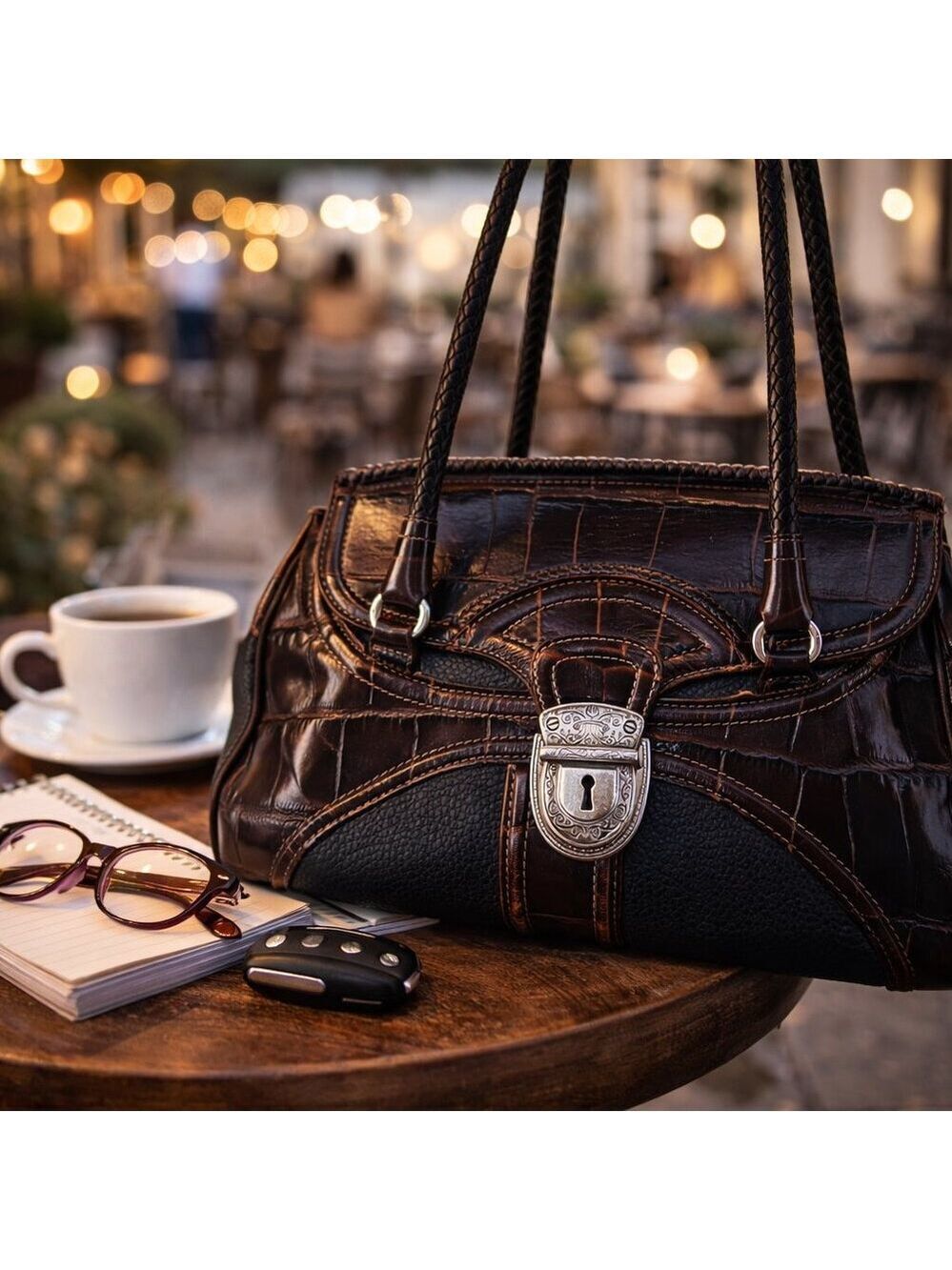 👜 Brighton Leather Satchel Brown Black Croc Embossed Silver Hardware Handbag